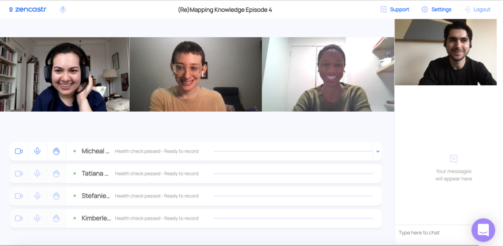 SCreenshot from Zencastr of podcasters collaborating on the project of (Re)Mapping Knowledge: Michael, Tatiana, Stefanie, and Kimberley 
