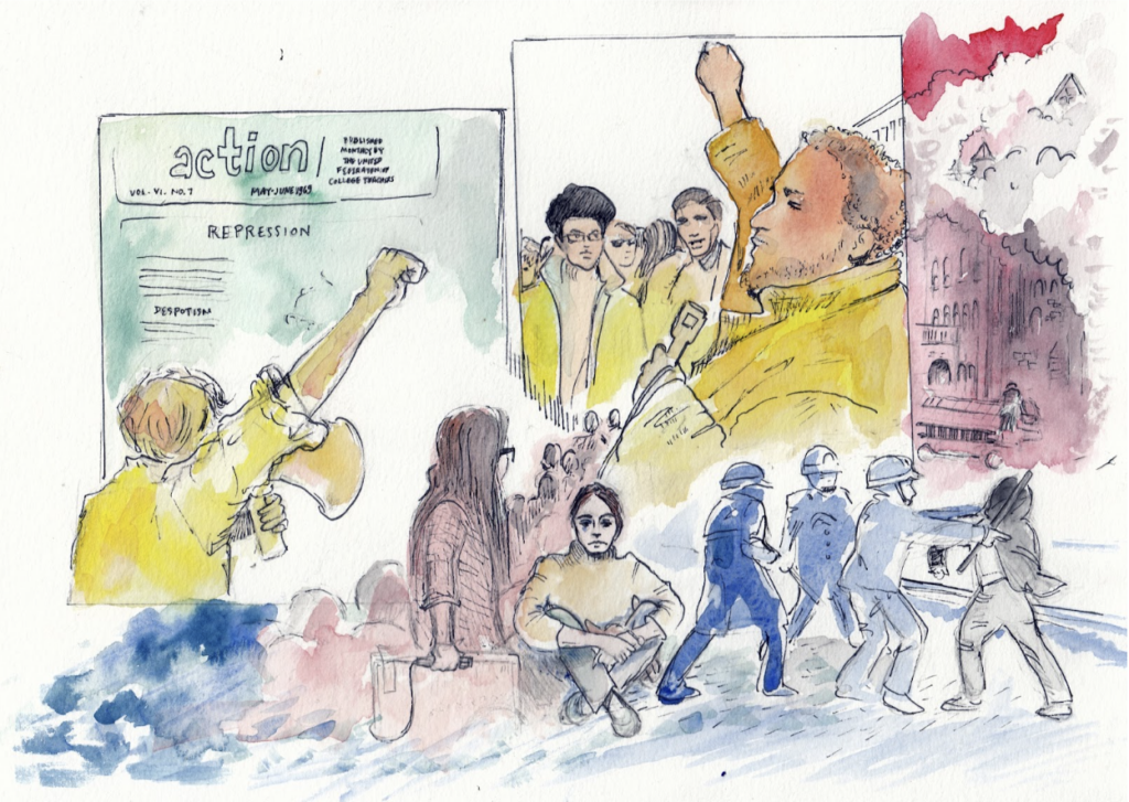 Illustration by Jojo Karlin of students call to action, protests 