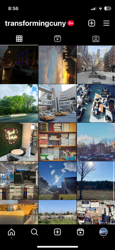 Transforming CUNY instagram account featuring posts that show places in New York City - parks, Hunter college, sky scrapers, horizon by Brooklyn Bridge, cafe, library, books, cafeteria 